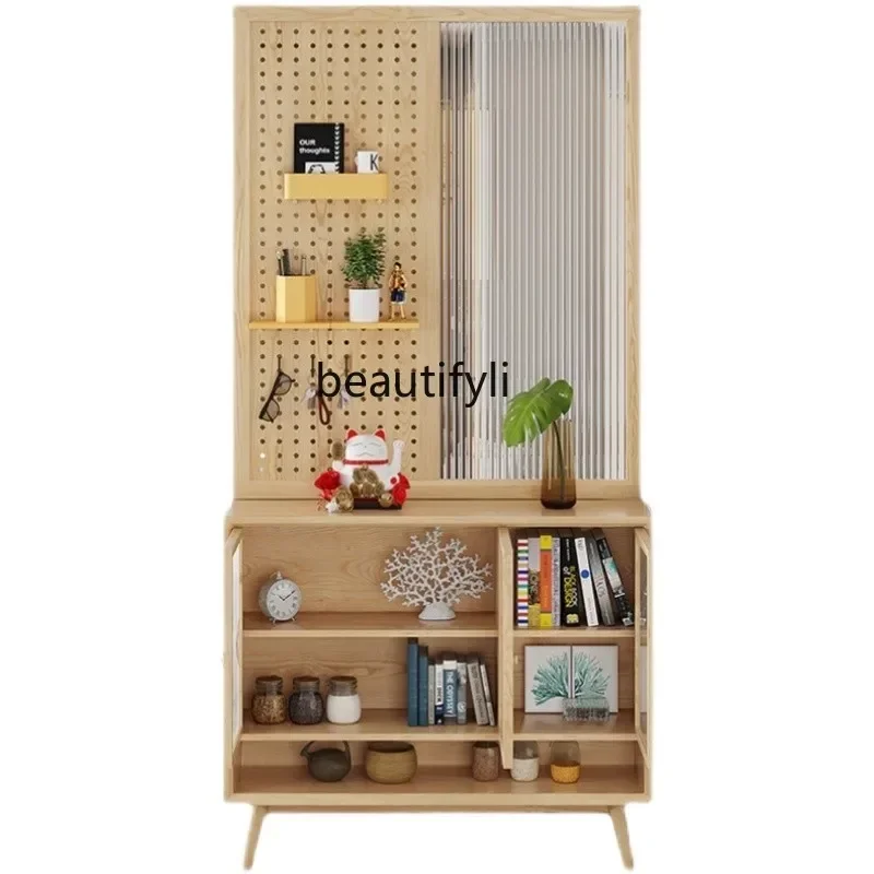 Modern solid wood living room entrance cabinet Changhong glass screen hole board combination cabinet partition