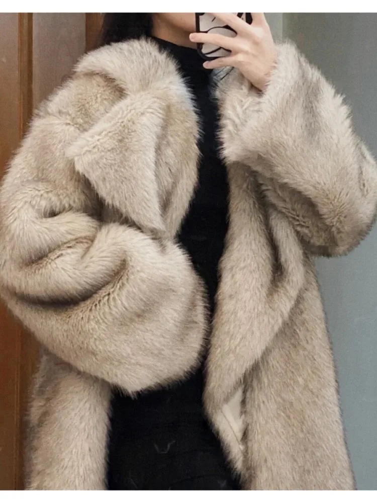 Autumn Winter New Women Faux Fur Coats Korean Fashion All-match Solid Pockets Thicken Fox Fur Cardigan Slim Jackets Tops