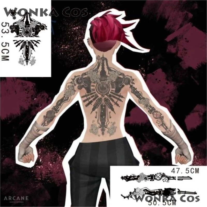 47-53CM Waterproof Tatoos Game LoL Arcane 2 Vi Cosplay Costume Dorsal Tattoo Sticker Arcane VI Role-playing Decals Accessory