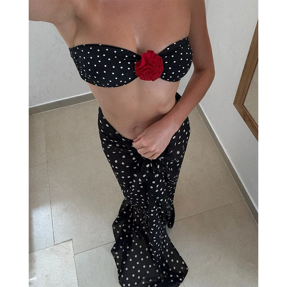 Bikini de lunares de 3 piezas para mujer, traje de baño Sexy con estampado, falda de malla para mujer, conjunto de Bikini, ropa de playa, traje de baño 2025