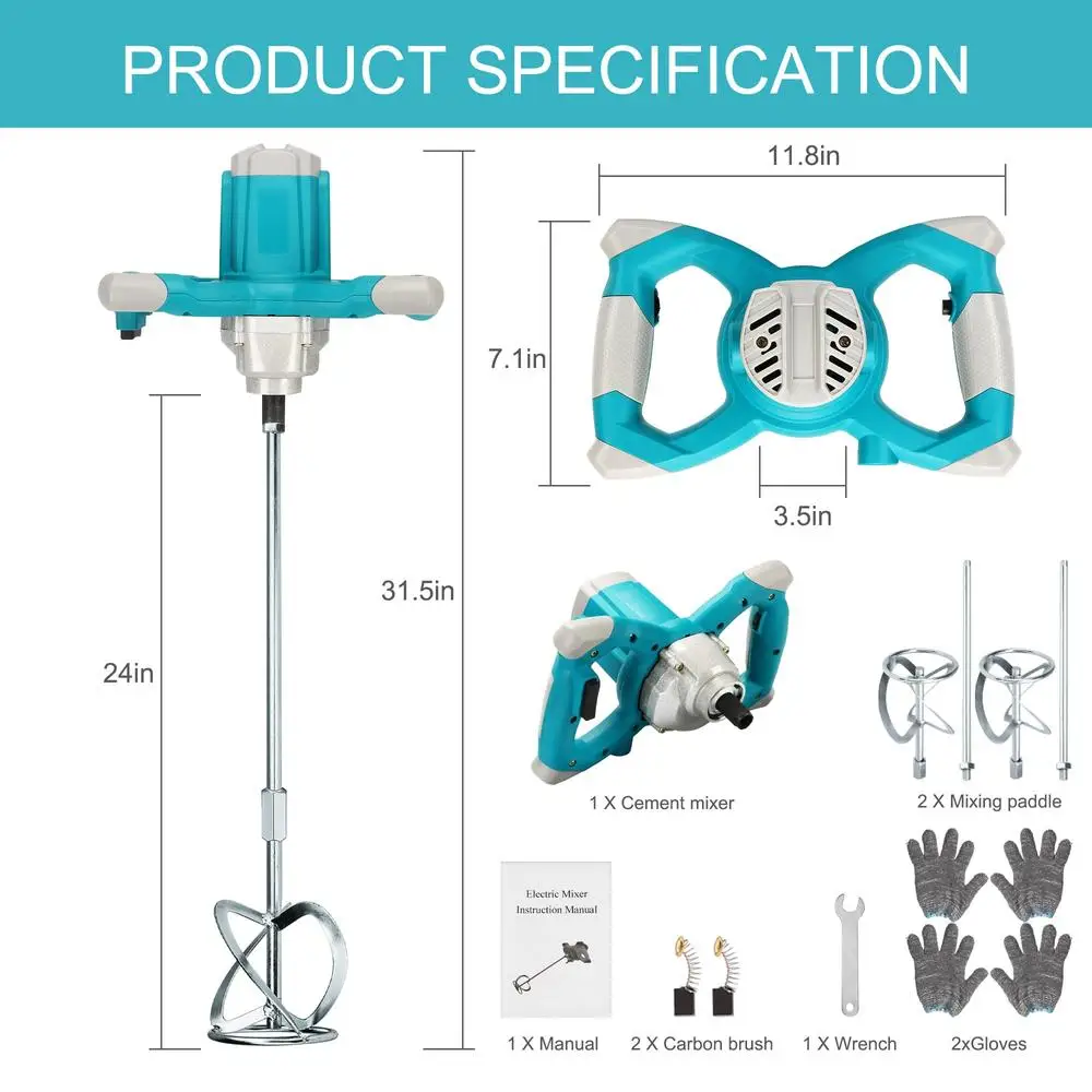 2600W Electric Handheld Cement Mixer 6 Speed 110V Motar Paint Grout Plaster Powerful Copper Motor Detachable Design 6-Speed
