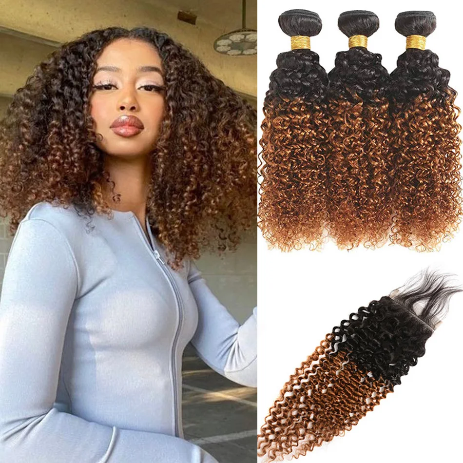 12A Human Hair Virgin Honey Blonde Highlight Kinky Curly 2/3 Bundles with 4x4 hd Closure Ombre Brown Burmese Curly With Closure