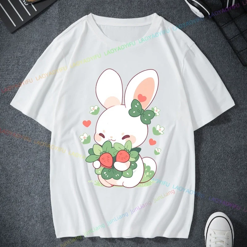 Edição coreana morango coelho dos desenhos animados impresso masculino e feminino manga curta topo na moda verão blusa feminina y2k roupas goth