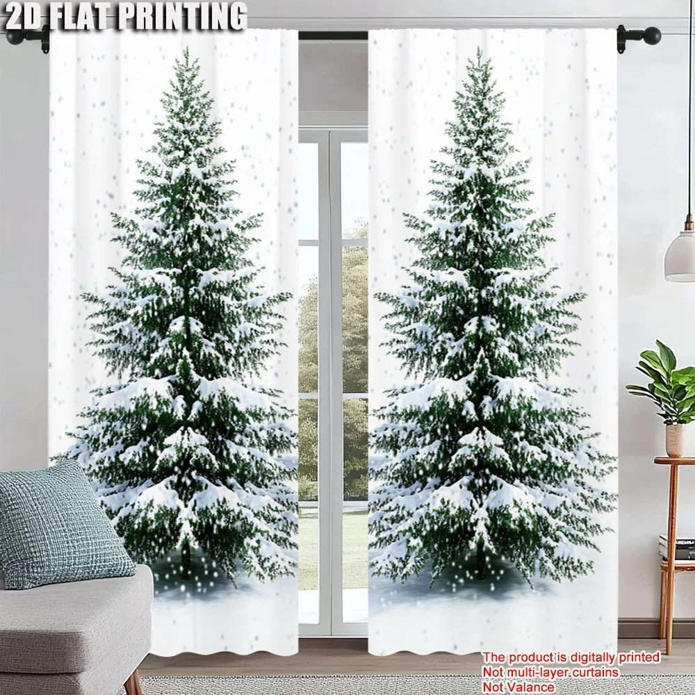 

2Pcs Snowy Pine Tree Digital Print Curtains Polyester Drapes For Living Room Dining Room Study Office Rod Pocket Design For Easy