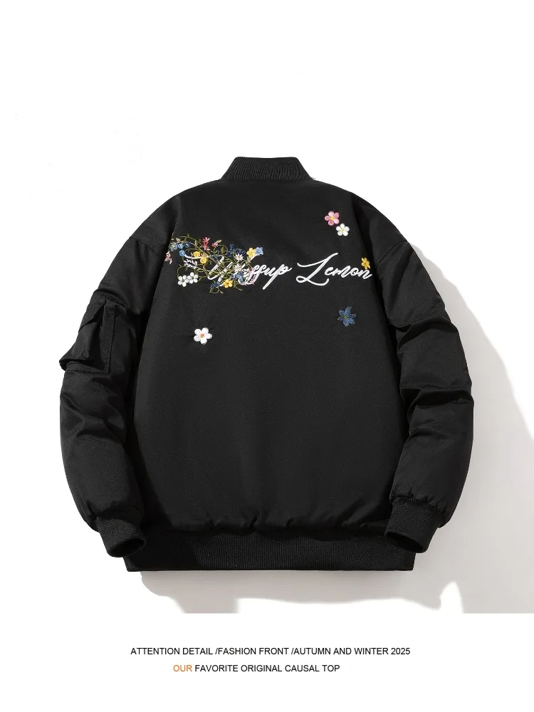 

Fashion Bomber Jacket Men Winter Women Embroidery Vintage Pilot Jacket Man Letter Flower Hooded Thick Warm Parkas Coat Korean