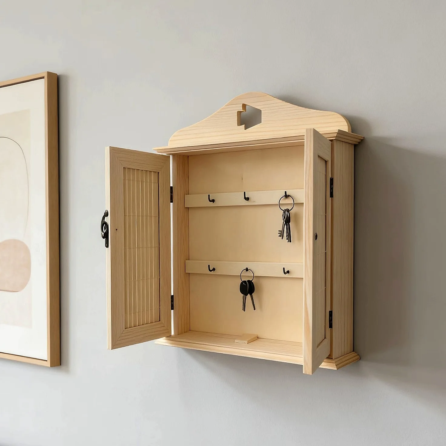 Retro Schlüsselhalter aus Massivholz zum Aufhängen an der Wand, Multifunktionales Schmuck- und Aufbewahrungsregal mit Haken
