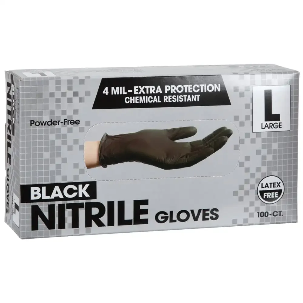 Disposable Nitrile Gloves, Chemical Resistant, Powder-Free, Latex-Free, Non-Sterile, Food Safe, 4 Mil, Black, Large, 100-Count