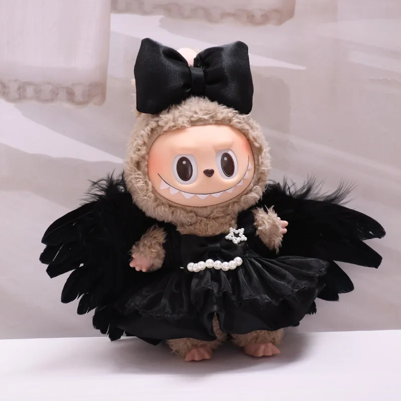 Angel And Devil - themed Outfits For 1st - 3rd Gen 15/17cm Labubu Dolls Black Feather Wings with Black Bow & Dress White Feath