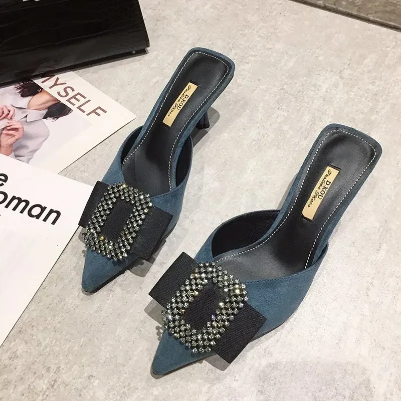 Baotou Half Slipper Clogs Shoe Women Pointed Toe Stiletto High Heels Korean All-match Pumps Luxury Square Rhinestone Mules Shoes