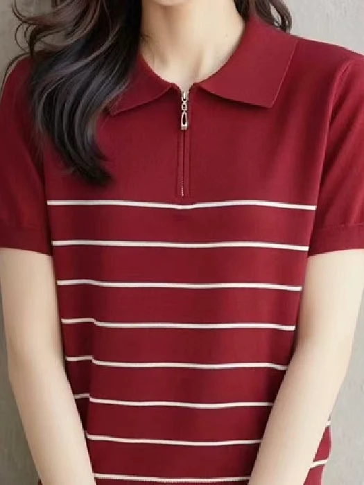 Korean Style  Neck Half Zip Short Sleeve Knitted Sweater Women's Summer New Versatile Preppy Trendy Top Commute Style Sli...