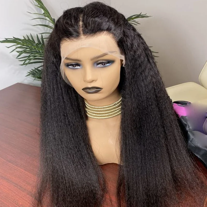 Wig Yaki panjang lembut alami hitam 30 inci renda lurus keriting Wig depan untuk wanita dengan bulu sintetis bayi tanpa lem sintetis harian