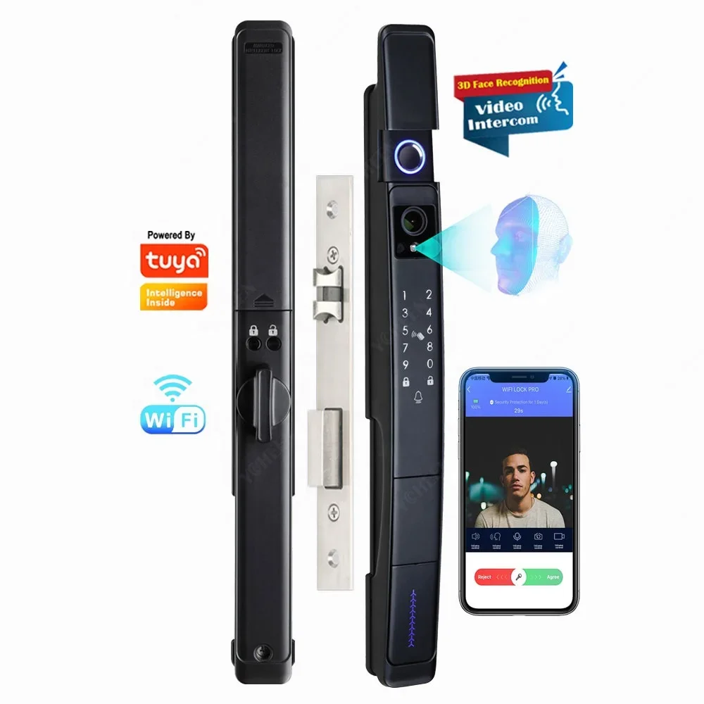 Outdoor Waterproof Aluminum Sliding Door Lock Tuya Face Recognition Fingerprint Key Card Smart Lock Visual Intercom Wifi Lock