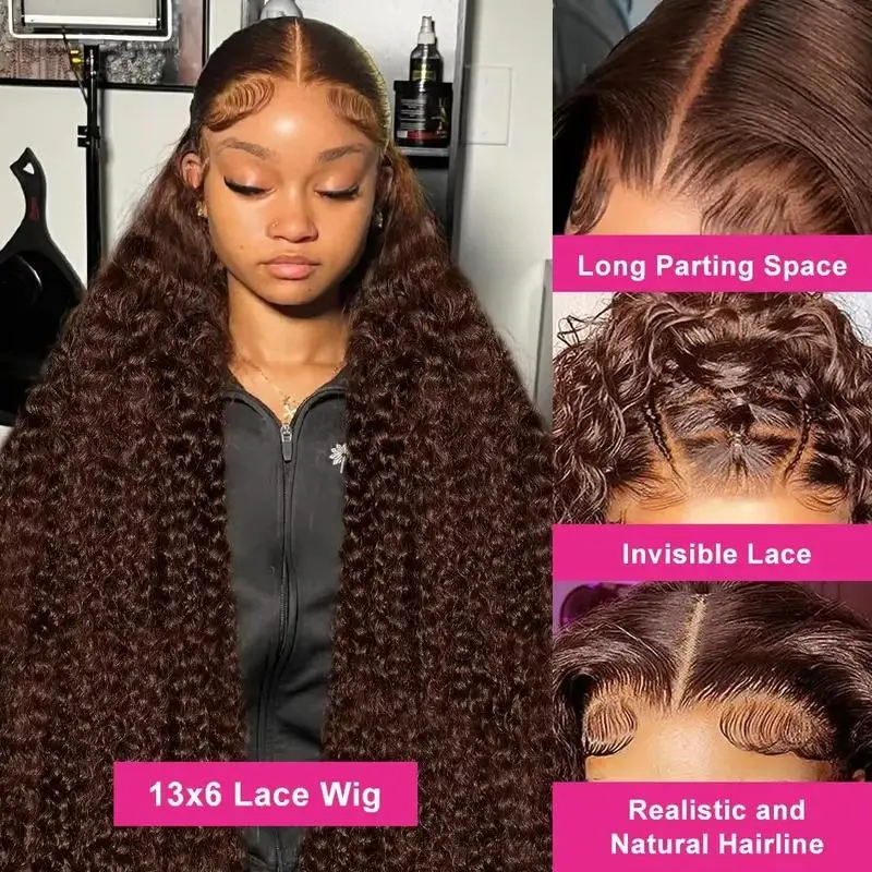 Deep Wave Chocolate Brown Lace Front Wig Human Hair Water Wave 13x6 13x4 220% Density Curly Lace Frontal Wigs Pre Plucked image 3
