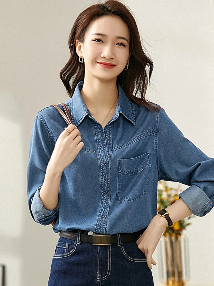 

SENTUBILA Denim Shirts Long Sleeve Women 2025 Autumn Single Breasted Streetwear Tops Pockets Casual Shirts & Blouses W23C42720