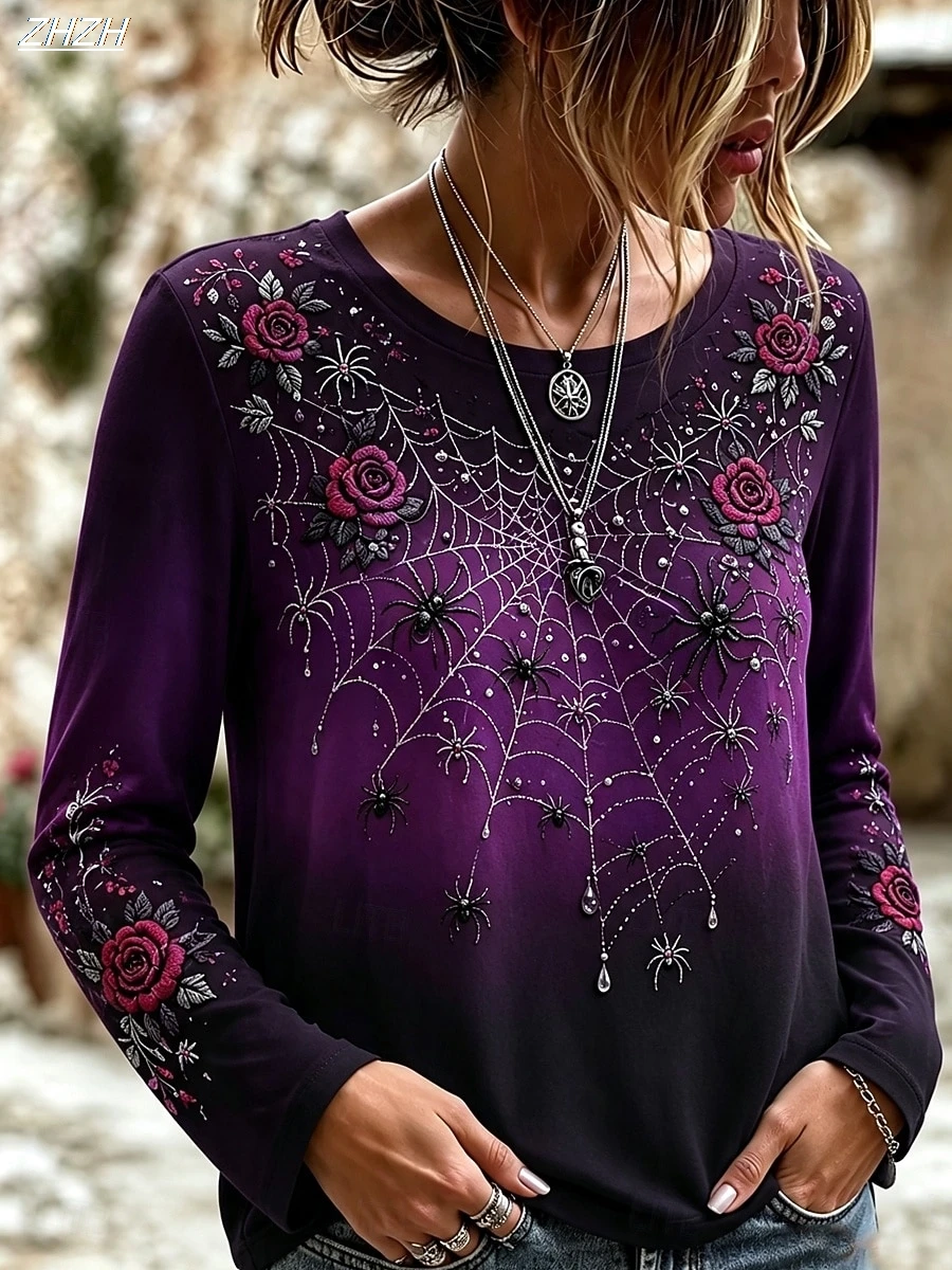 Halloween Women's T Shirt Print Graphic Vintage Casual Trendy Long Sleeve Crew Neck Regular Tops Casual t shirt