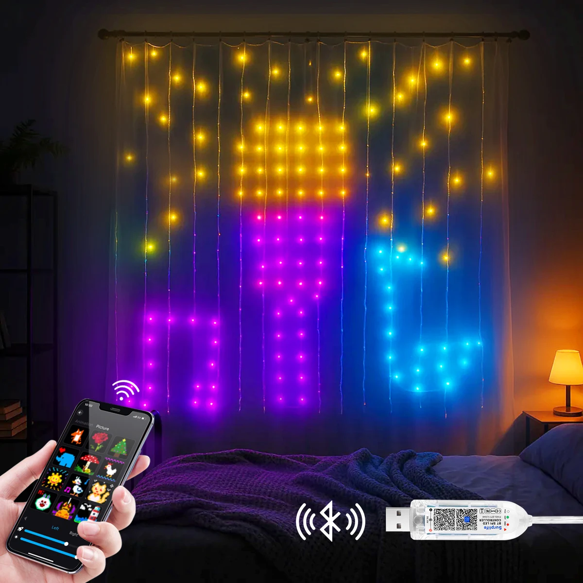 Lampki LED Dream Color Fairy, USB Bluetooth RGBIC, adresowalne, do samodzielnego montażu, girlanda kurtynowa na okno, imprezę, wesele, dekoracje świąteczne.