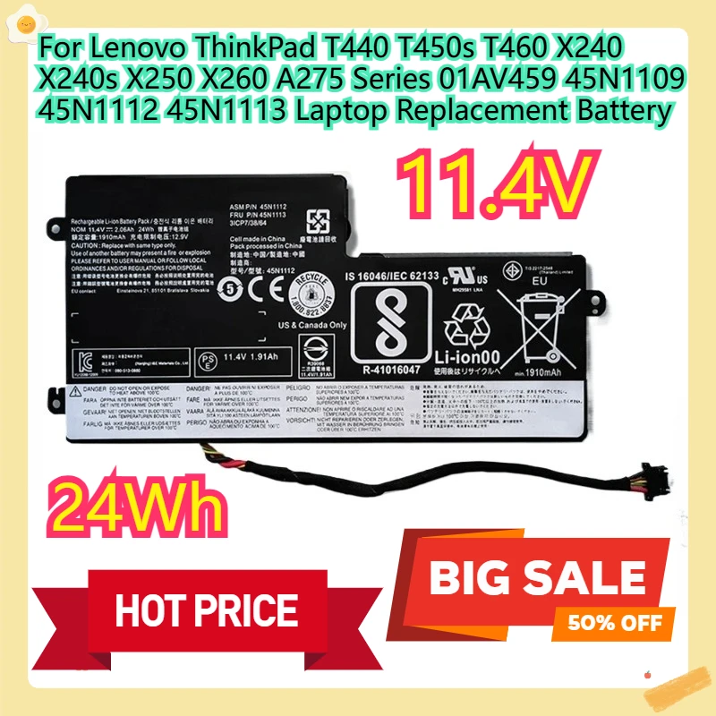 

For Lenovo ThinkPad T440 T450s T460 X240 X240s X250 X260 A275 Series 01AV459 45N1109 45N1112 45N1113 Laptop Replacement Battery