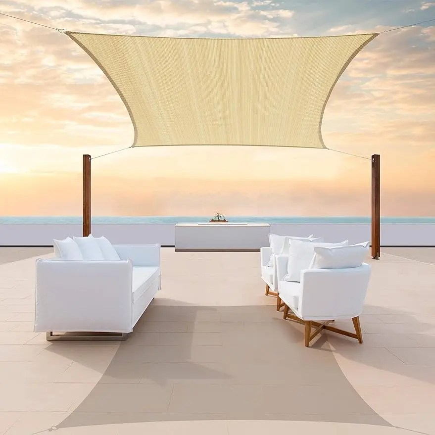 

14' x 16' Beige Sun Shade Sail Rectangle Canopy Fabric Cloth Screen Water Permeable & UV Block UPF50 Heavy Duty Carport Patio