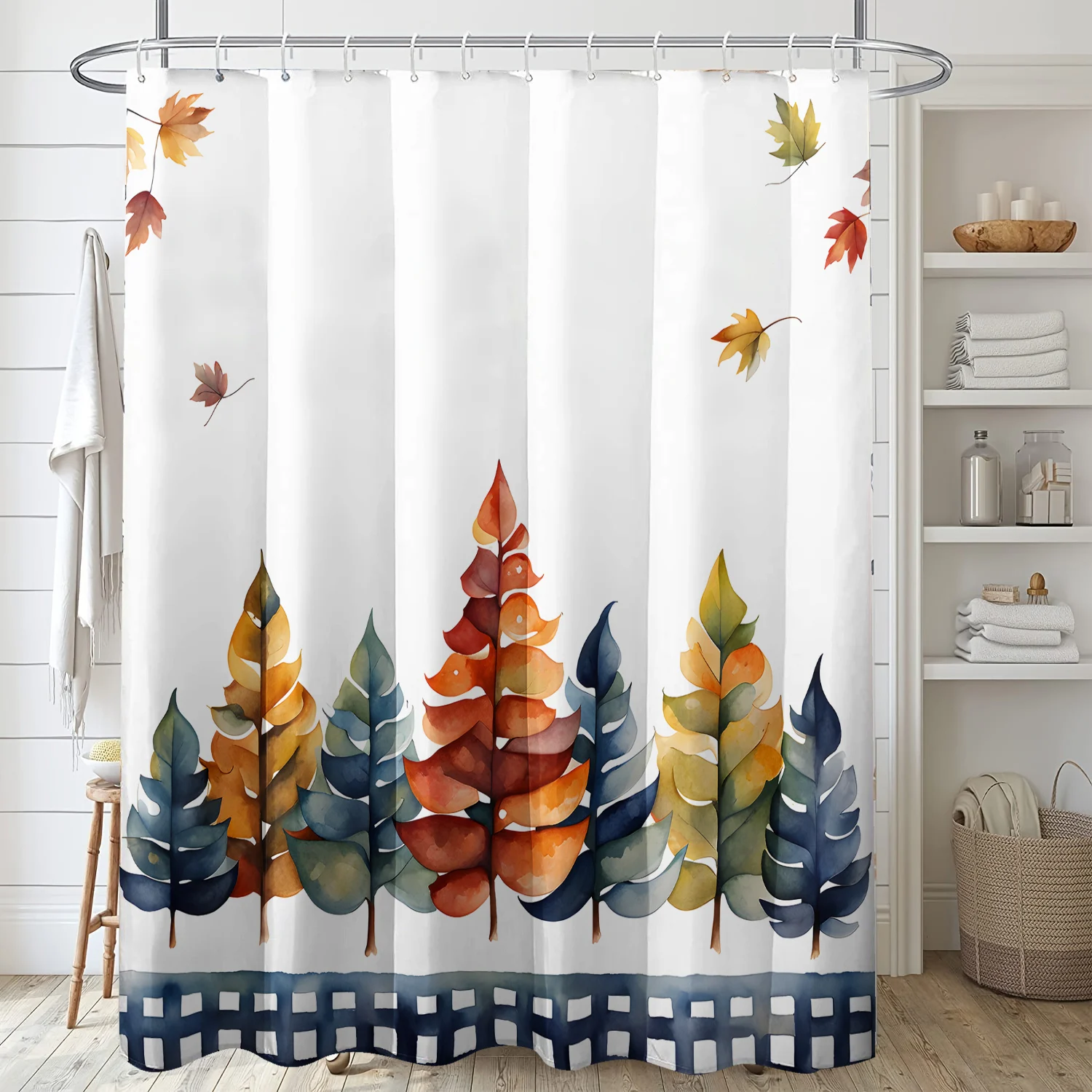 1 piece of red and blue tree printed plastic hook shower curtain, autumn bathroom partition curtain