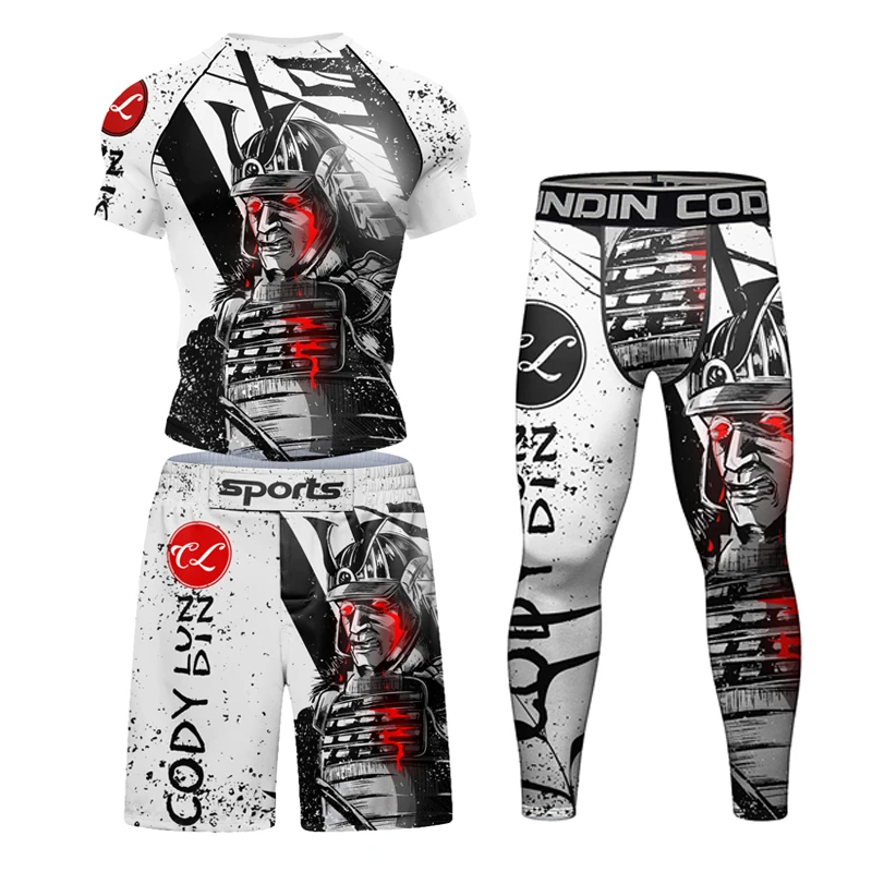 Nowa męska jiu jitsu koszulka + garnitur ze spodniami Bjj Rashguard spodenki Muay Thai dres MMA bokserski zestaw treningowy kompresyjny strój bojowy