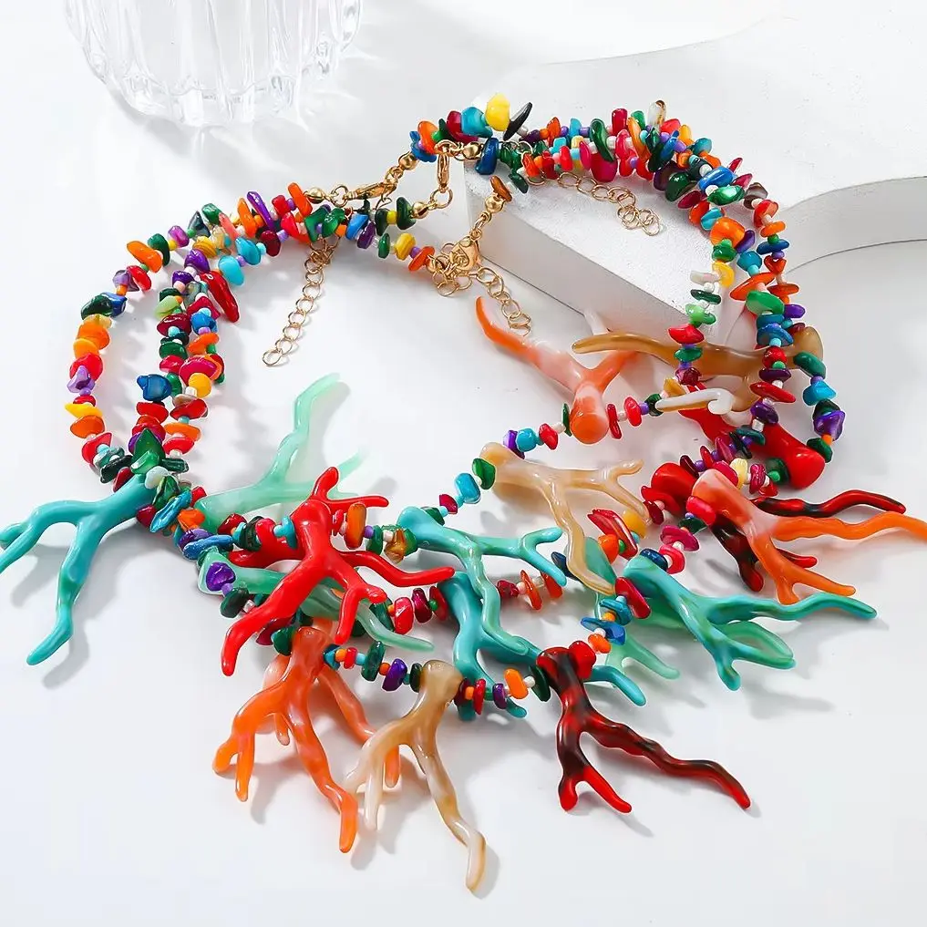 Z New Bohemian Ethnic Style Exaggerated Colorful Resin Coral Multi-layer Handmade Necklace