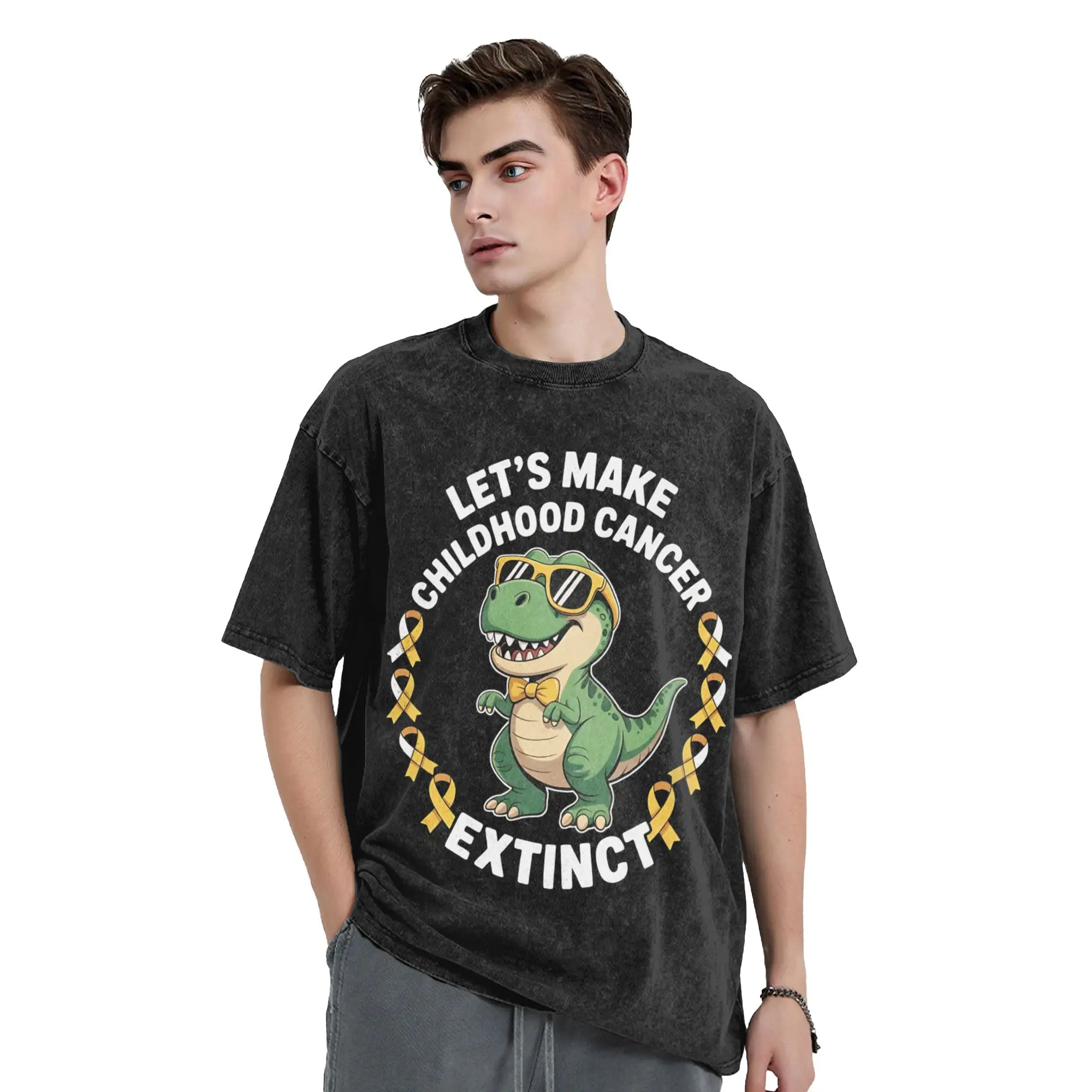 T-Rex Dinosaur Make Childhood Cancer Extinct  Washed T Shirt Men's Cotton Clothing Casual Dinosaur  Meme Round Neck Short Sleeve