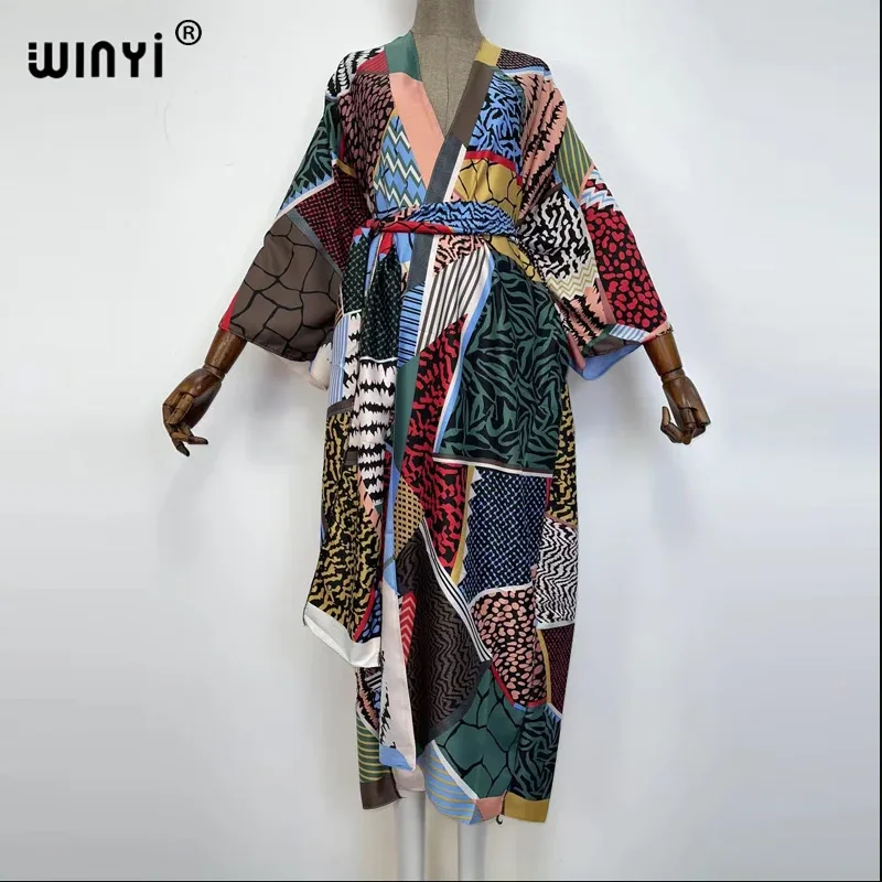 

Весеннее кимоно WINYI для женщин, с принтом, с пышным подолом, длинный рукав, кардиган, абайя, роскошная пляжная одежда из Дубая, накидка, бохо-платье, кафтан