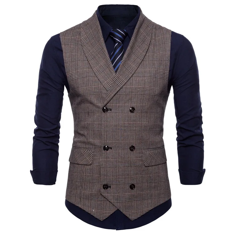 Blazer Men Vests Plaid Suits Coats Double Breasted Turn Down Collar Sleeveless Slim Fit Vest Coat Casual Regular Splice Autumn