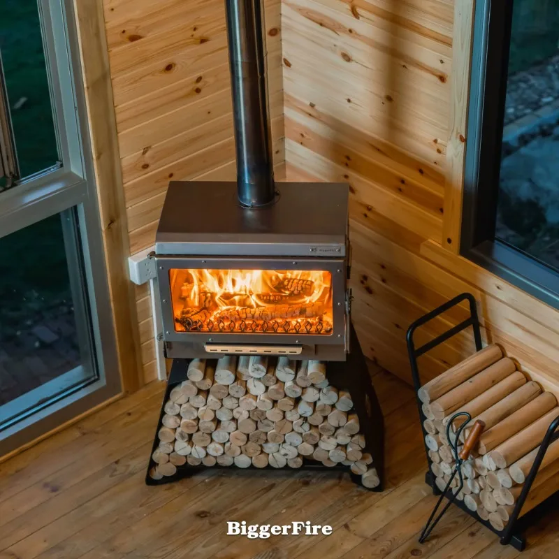 

Real fire fireplace burning wood outdoor heating firewood party sun room atmosphere