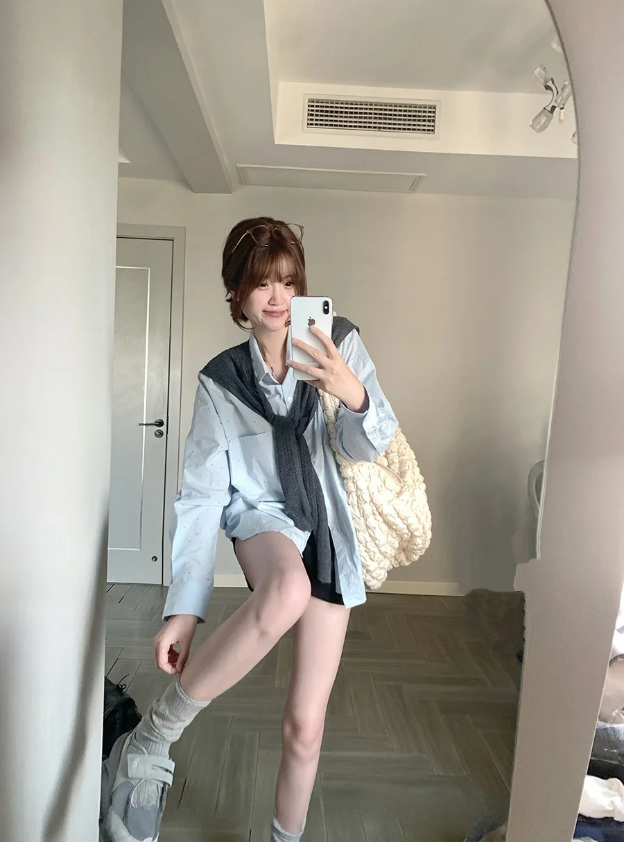 

CallmeEar Diamond Embellied Casual Long Sve Женский утюг с шилом Осенний дизайн Дышащий чистый хлопок Не открытый...