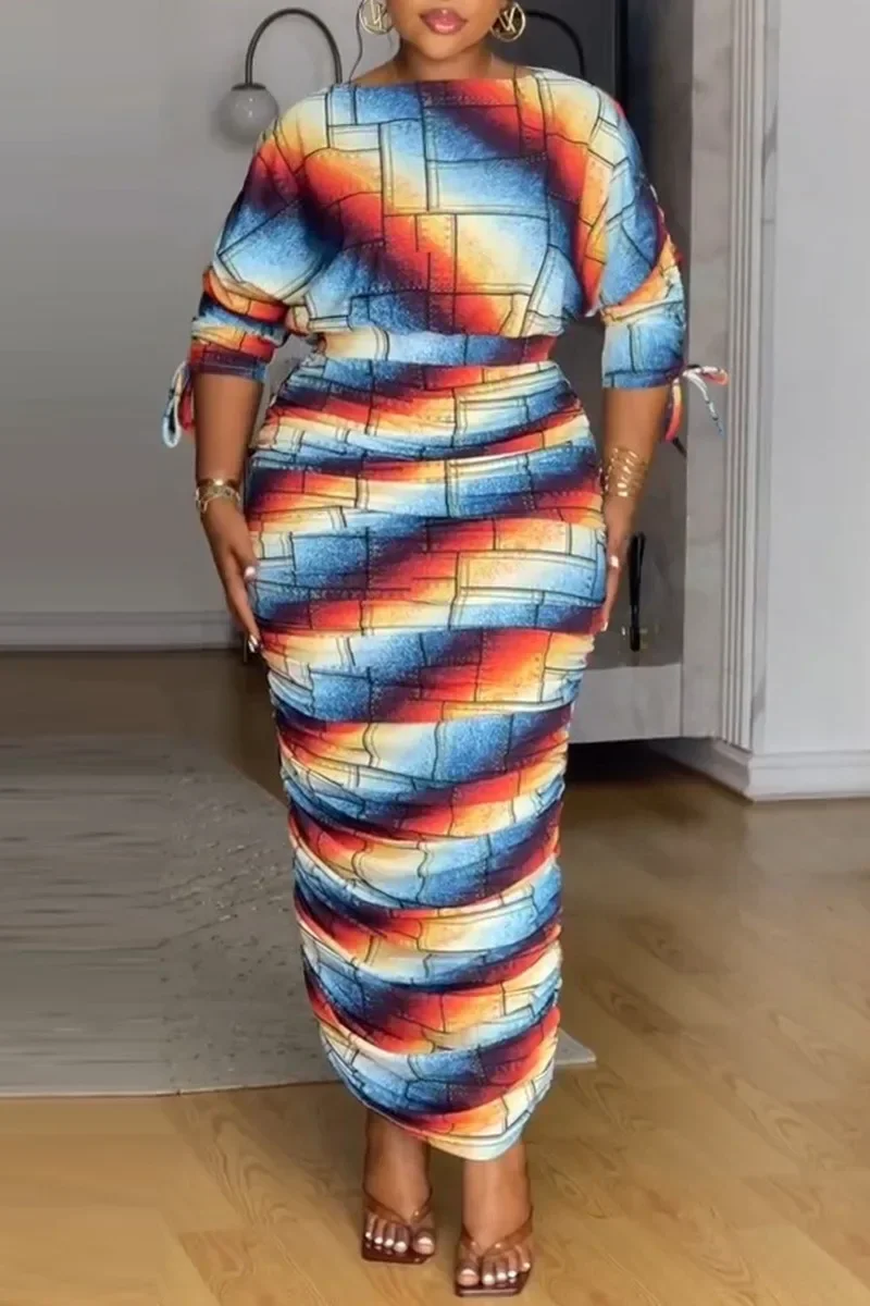 

GUWU Print Elegant Party Dress Sets Womens 2 Piece Outfit Fashion Batwing Sleeve Crop Top and Midi Skirt Matching Sets Clubwear