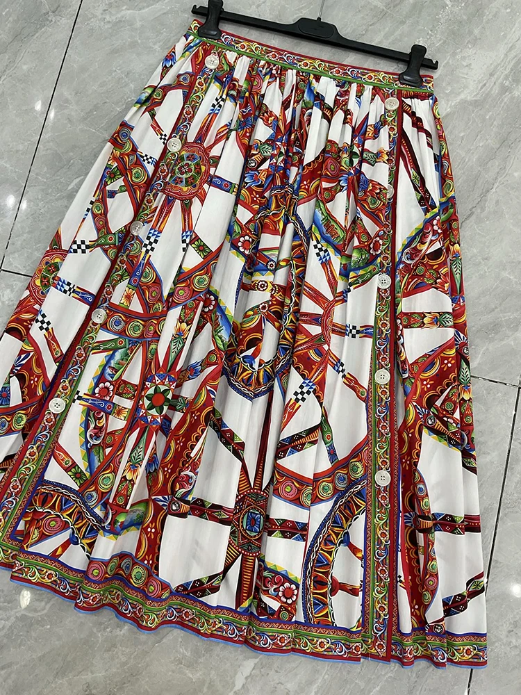 Seifrmann Casual printed cotton skirt slit on both sides button long skirt 2026 autumn fashion women's new style