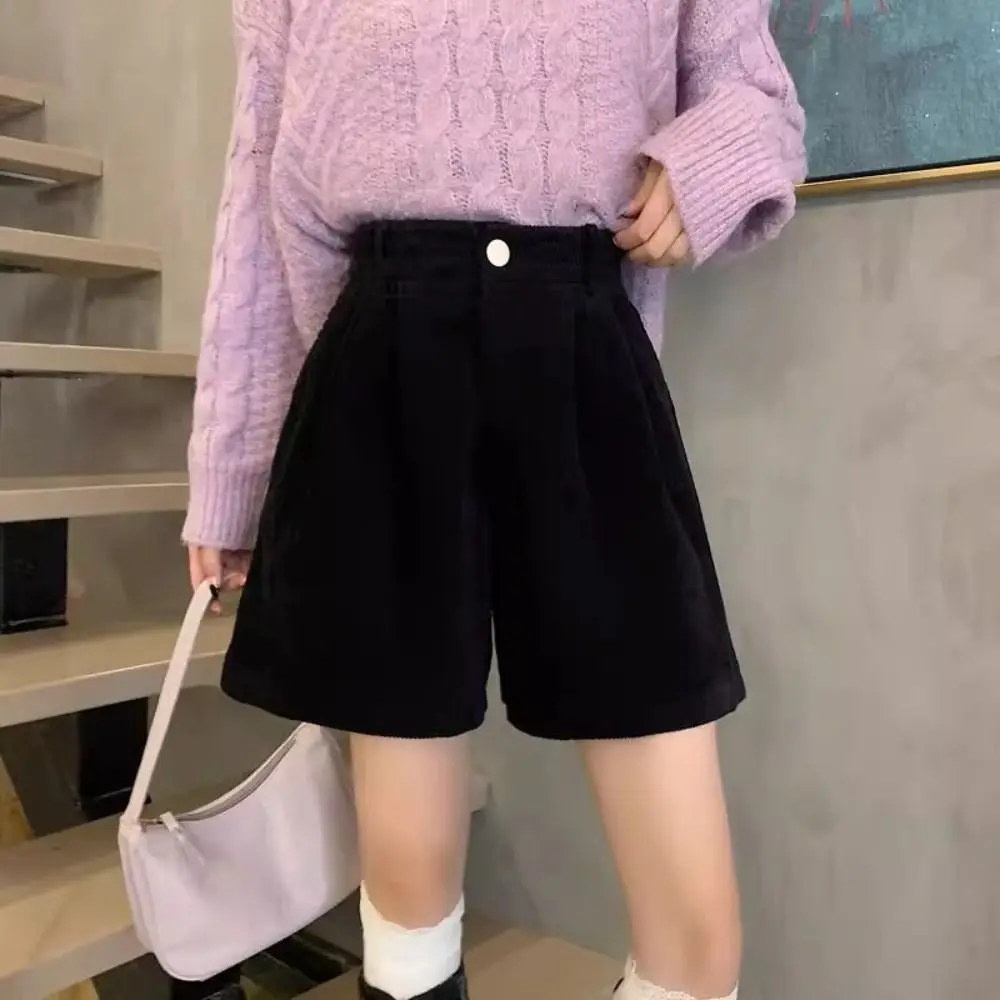 Soft High Waist Women Corduroy Shorts Stripe Elastic Wide Leg Short Pants Two Pockets Large Size Loose Streetwear Autumn Winter