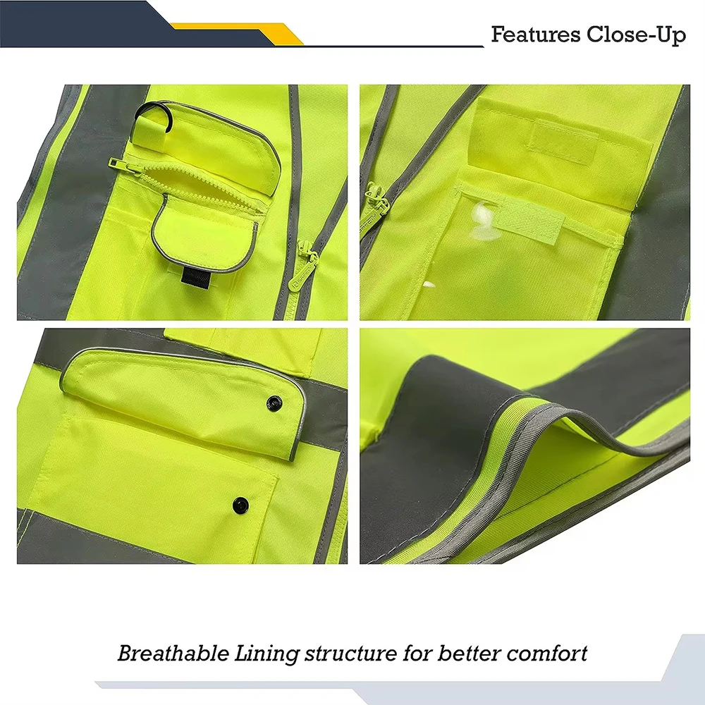 Refective Safety Vest with Multi Pockets High Visibility Construction Industrial Work Clothes for Men Women Hi Vis Workwear