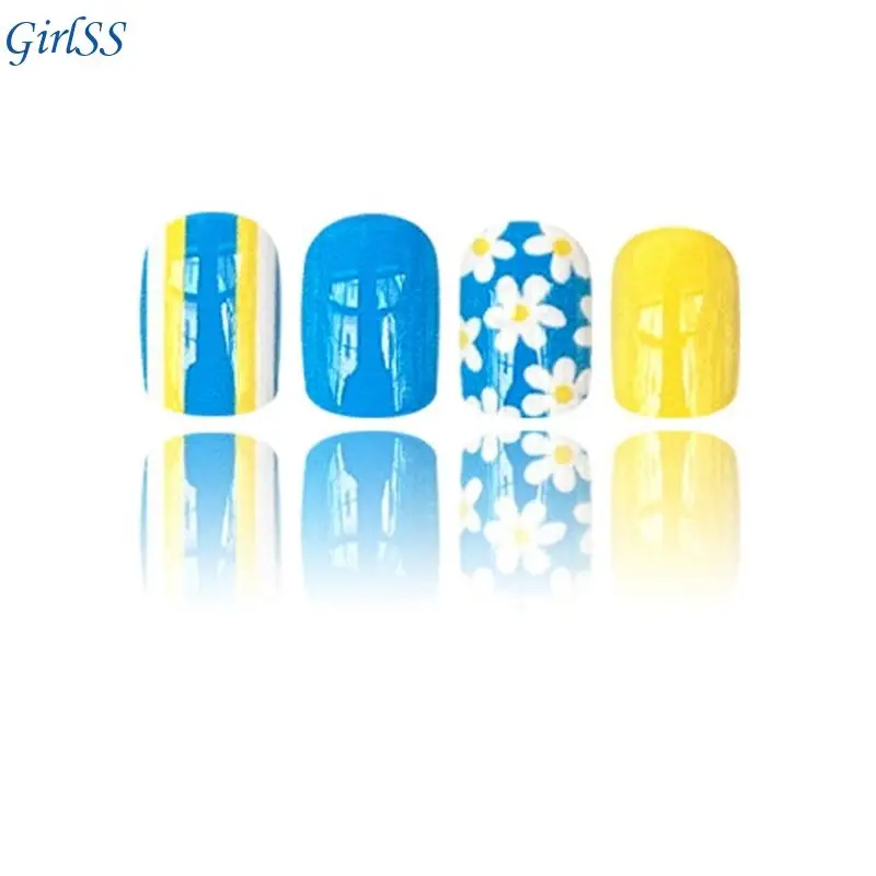 24 قطعة أظافر صناعية بلون سادة قصيرة مربعة الضغط على أظافر الزهور أظافر صناعية T4MB