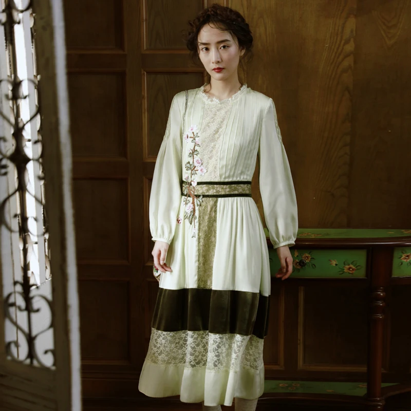 Robes longues en dentelle brodée pour femmes, col rond, manches longues, velours, satin, mince, vintage, buste, printemps, automne, 84-92cm