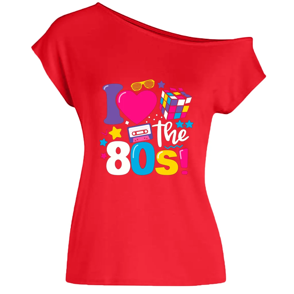 XUANSHOW 2024 Sommer I Love the 80s Emotional Element T-Shirt Sexy Off Shoulder Tops Kurzarm Buchstaben bedrucktes T-Shirt – Detail 27