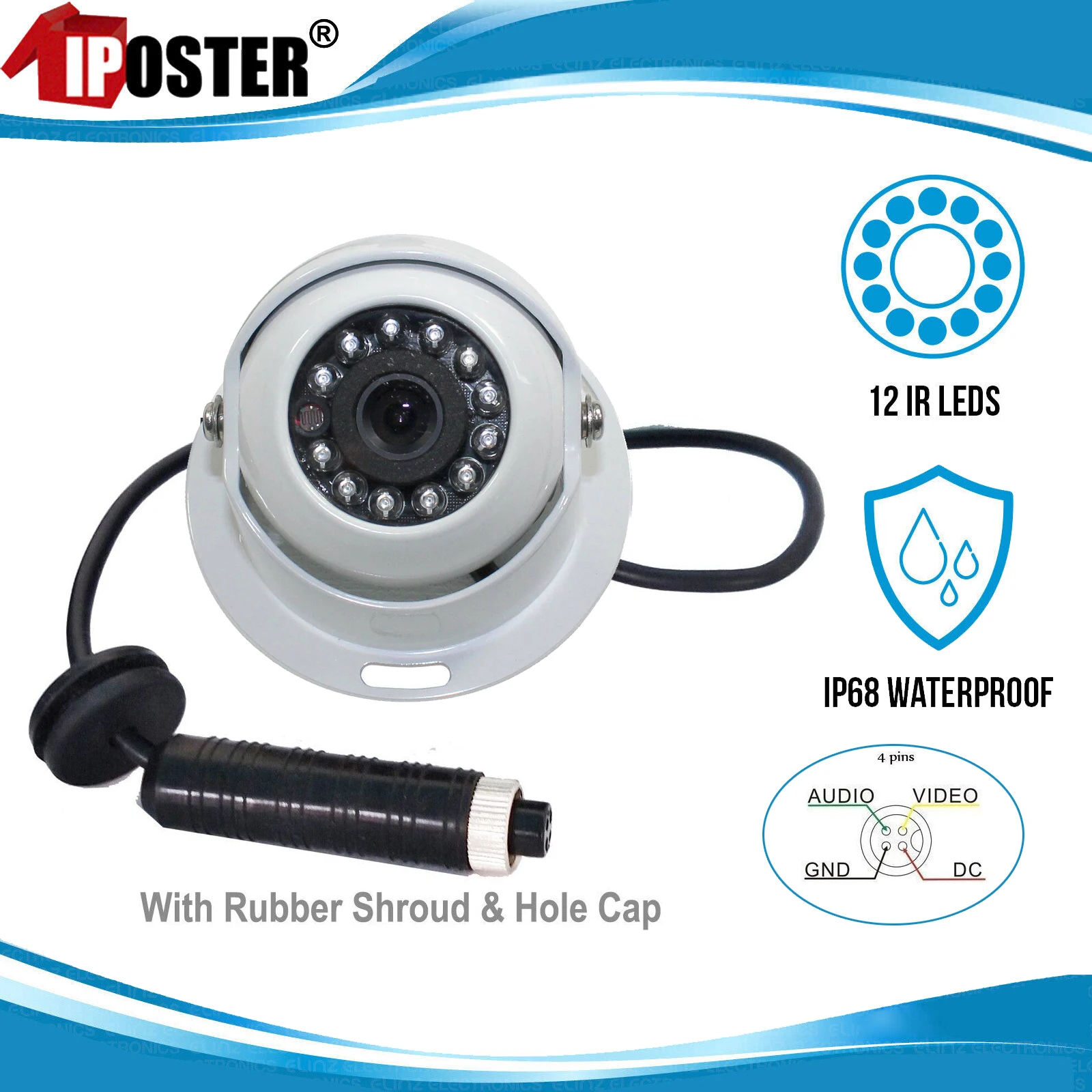 

iPoster White Color 4PIN CCD Dome Rear View Reversing Camera Metal Case 12 IR LED Night Vision IP68 Waterproof 12-24v For Truck