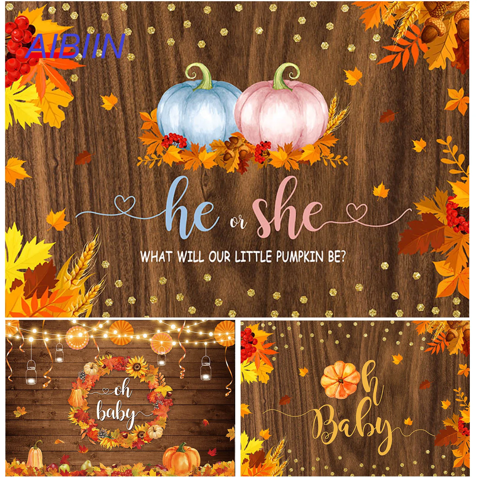 

AIBIIN Pumpkin He or She Gender Reveal Backdrop Autumn Wooden Plank Baby Shower Party Decor Maple Leaf Photography Background