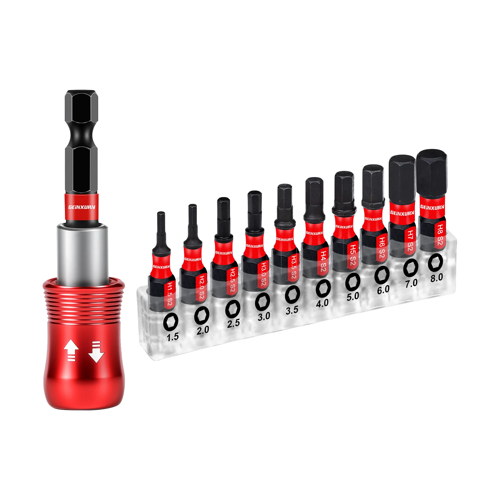 Geinxurn HEX Metrisch 1.0-8 mit Schlaghalter, Schraubenschlüssel & Halter, Schlagschrauber-Bit-Set, S2-Stahl, für Autoreparatur und Heimgebrauch
