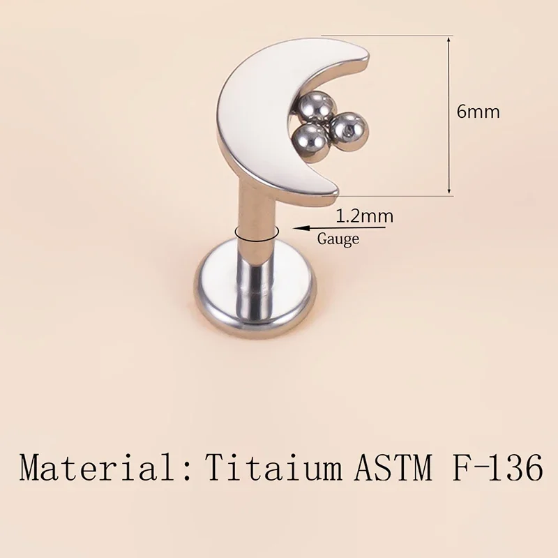 ASTM F-136 التيتانيوم بيرك الشفاه مسمار شكل القمر مع تشيكوسلوفاكيا مركز موضوع داخلي Labret الزنمة اللولب الأذن ترصيع ثقب مجوهرات للجسم