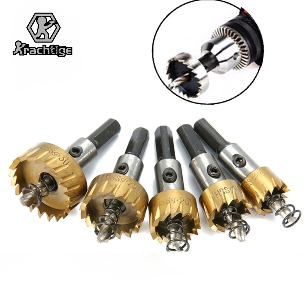 

Krachtige 5Pcs Titanium Coated HSS Drill Bit Hole Saw Set 16 18.5 20 25 30mm Stainless Steel Metal Alloy Cutting for Woodworking