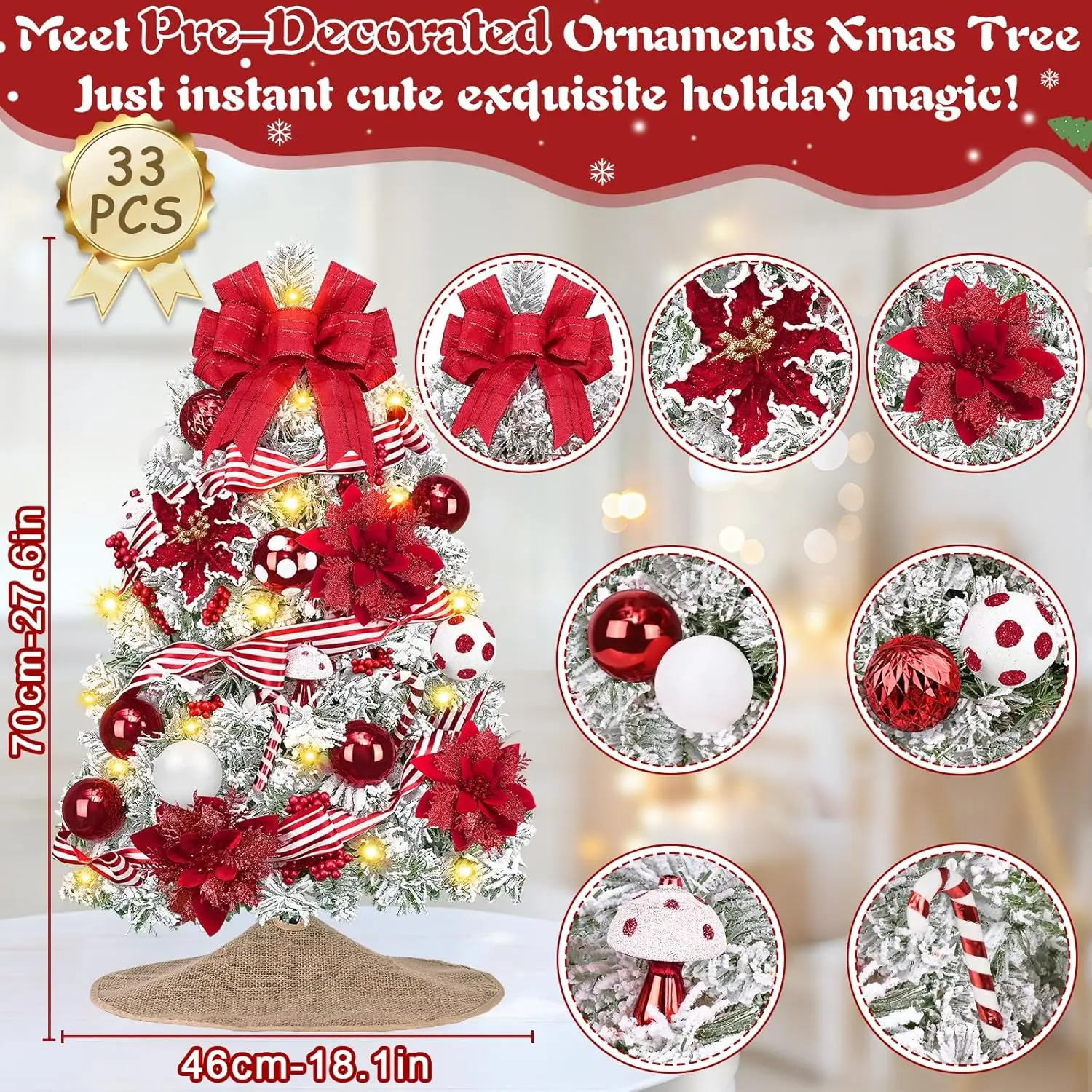 شجرة عيد الميلاد المتدفقة المضاءة مسبقًا بطول 2 أقدام مع زينة للعطلات الداخلية الصغيرة