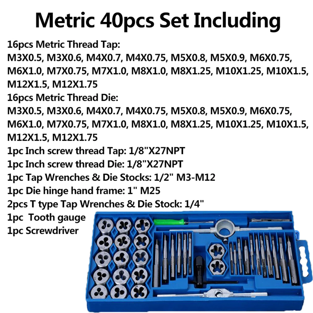 40 Pcs Metric Tap And Die Set Male Thread Tap Wrench Impact Head Metal Drill Bit Set For Metalworking Mechanical Workshop Tools