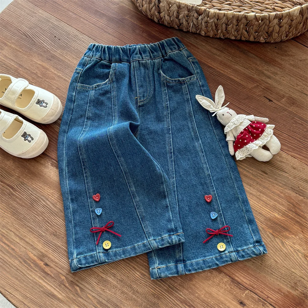 High Waist Hearts Button Bows Wide Leg Jeans 2-8Y Children Versatile Leisure Deep Blue Trouser 2025 Autumn New Girls Denim Pants