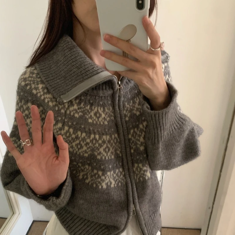 캐주얼 루즈 자카드 지퍼 니트 가디건 가을 겨울 신상 크리스마스 레트로 스타일 스웨터 의류 상의