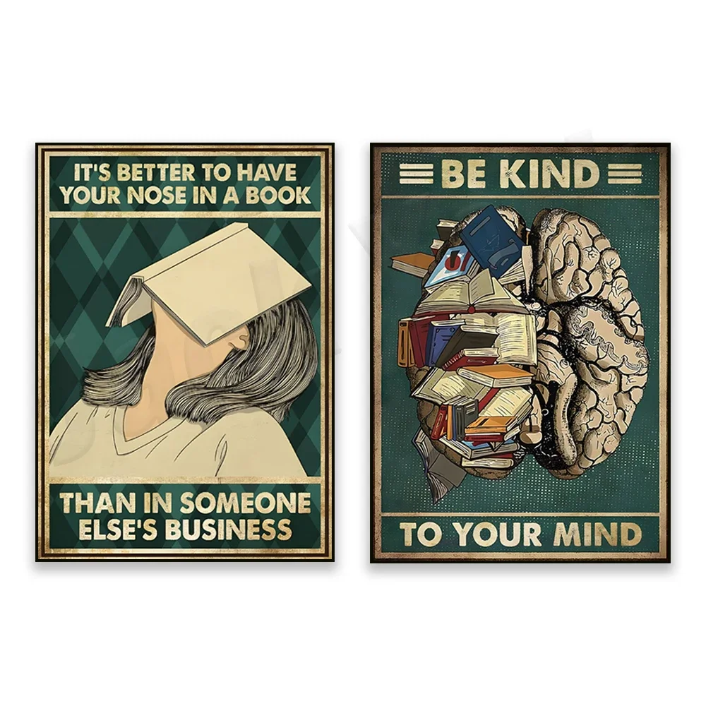 Love Reading Books, Girl Reading Book Vintage Poster, Be Kind To Your Mind, Library Decor, Nerd Gifts