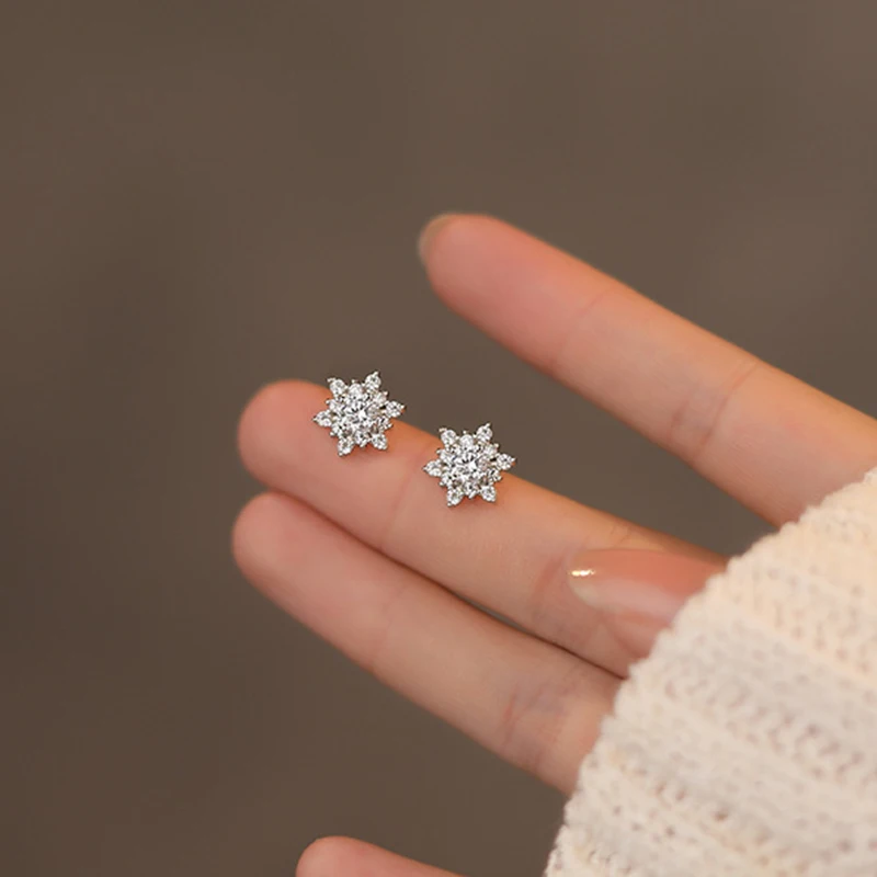 INZATT Real 925 Sterling Silver Zircon Snowflake Stud Earrings For Women Cute Fine Jewelry Minimalist Accessories