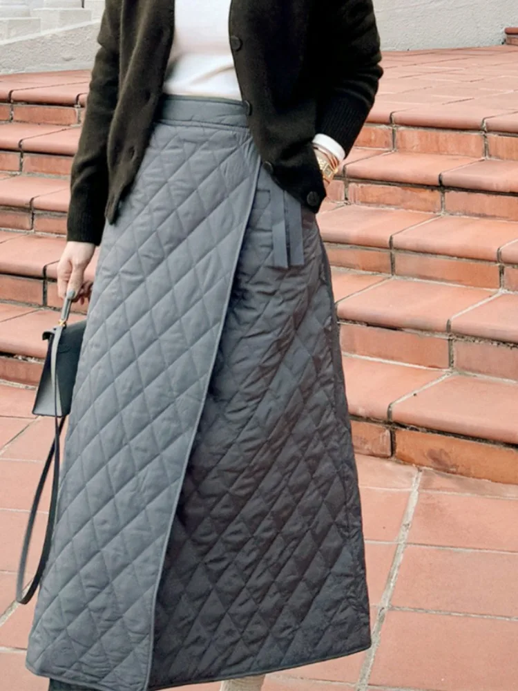 

Korean Sle Pure Color Diamond Pattern Cotton Belted Midi Skirt Women's Faion Slimming Long A-Line Skirt for Autumn Winter