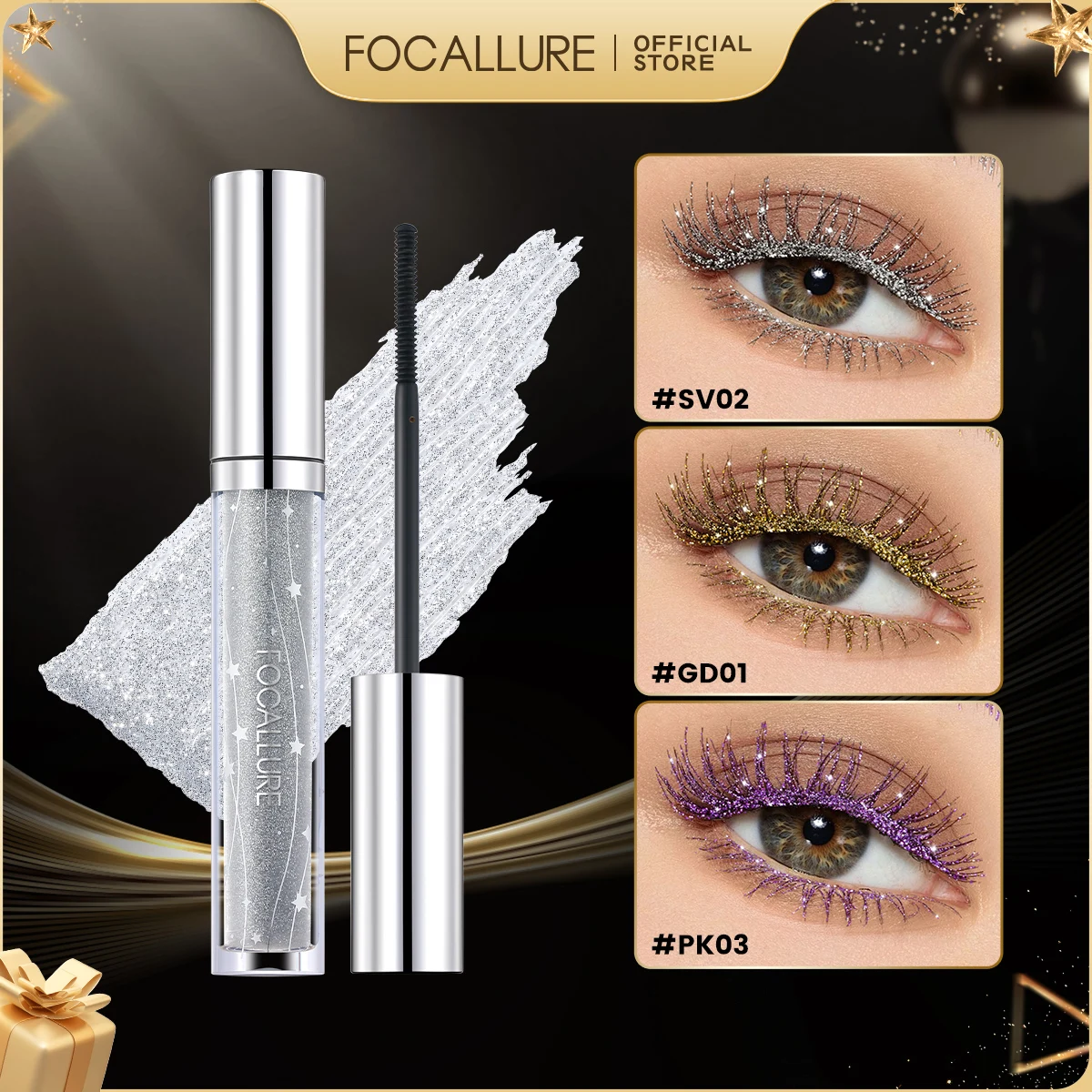 FOCALLURE Colorful Mascara Lasting Styling Diamond 4D Quick Dry Glitter Eyelashes Purple Silver Golden Mascara Makeup Cosmetics